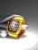 A luxury watch featuring a transparent yellow strap and casing, showcasing intricate gears and dials on a dark, detailed face. The watch is displayed against a contrasting background of metallic and stone textures, highlighting its craftsmanship.