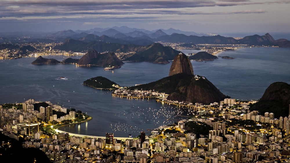 an aerial view of a city at night