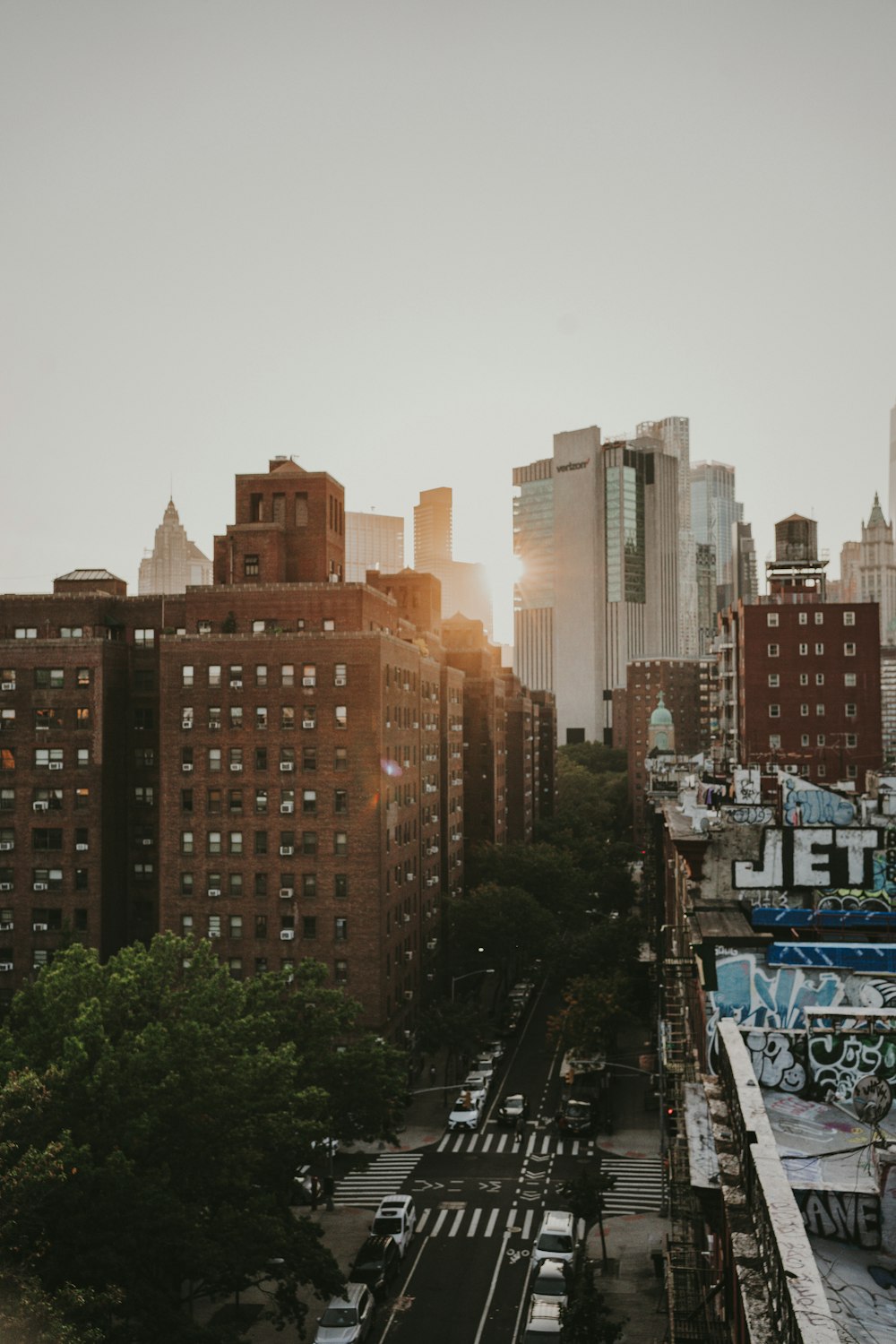 a view of a city with tall buildings