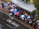 a crowd of people with umbrellas standing on the side of a road