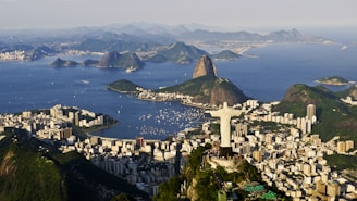 an aerial view of a city and a body of water