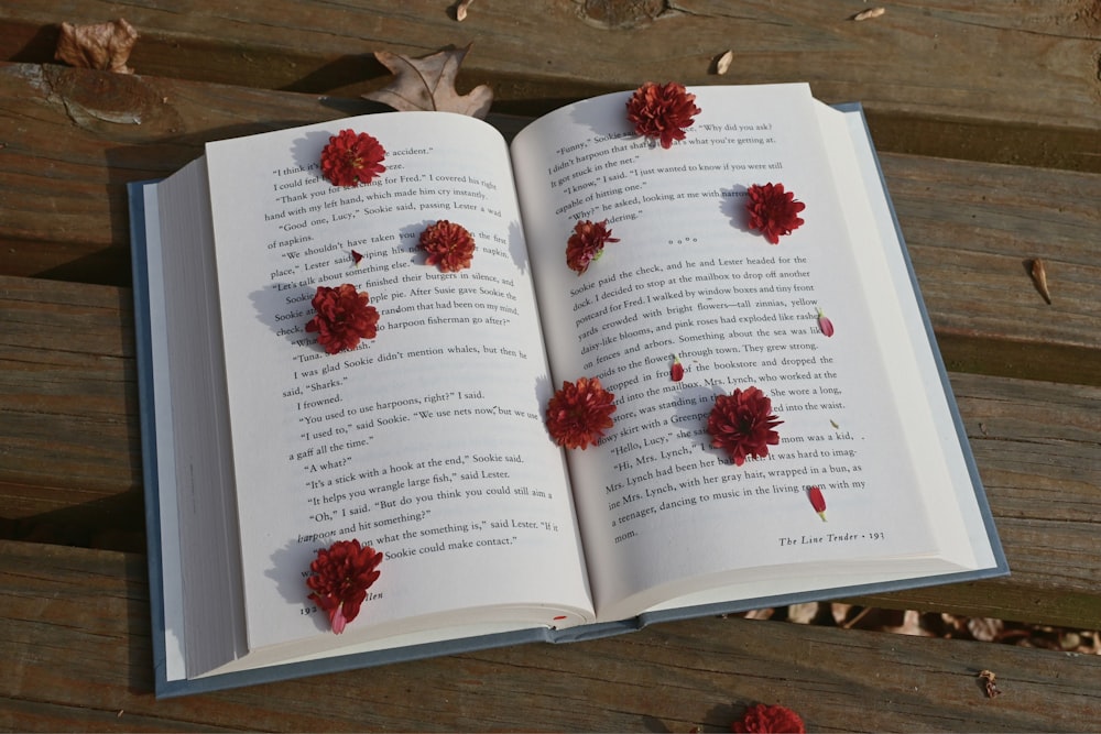 an open book with red flowers on it