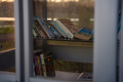 A collection of books is displayed on a shelf inside a glass enclosure. The books are varied in size and color, and a few are leaning against each other, suggesting they may have been recently placed. The enclosure appears to be a small library or book exchange, with glass panels allowing natural light to filter in. The overall scene is quiet and serene, suggesting an inviting place for reading.