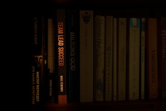 a bookshelf filled with lots of books in a dark room
