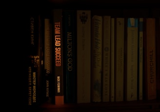 a bookshelf filled with lots of books in a dark room