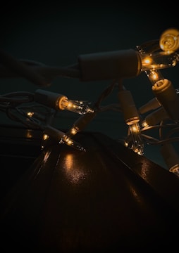 Close-up of a dark chocolate-toned rug with warm golden fairy lights twinkling softly above.
