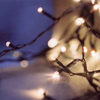 Close-up of warm fairy string lights softly glowing against a cozy evening backdrop.