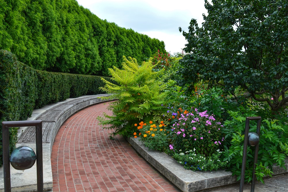 a brick path with a garden of flowers and trees