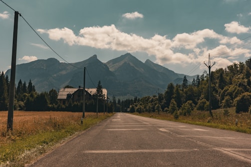 A rural road stretches towards a range of mountains under a partly cloudy sky. On either side of the road, telephone poles stand amidst grassy fields and dense forested areas. A solitary building with a metal roof is visible in the distance, surrounded by trees. The mountains loom prominently in the background.