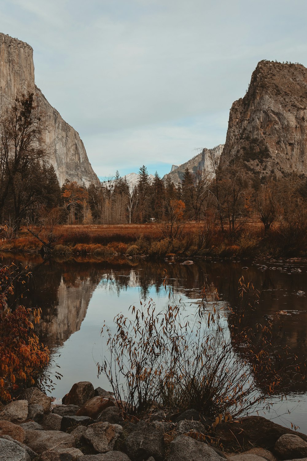 a body of water surrounded by rocks and trees