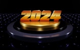A bold, shiny golden number '2024' stands prominently on a dark, reflective platform. The background is a dark void with subtle reflections, enhancing the futuristic and vibrant ambiance.
