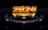 A bold, shiny golden number '2024' stands prominently on a dark, reflective platform. The background is a dark void with subtle reflections, enhancing the futuristic and vibrant ambiance.