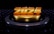 A bold, shiny golden number '2024' stands prominently on a dark, reflective platform. The background is a dark void with subtle reflections, enhancing the futuristic and vibrant ambiance.