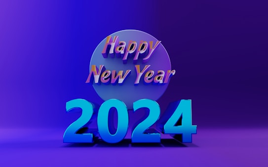 A vibrant and colorful graphic design featuring the text 'Happy New Year 2024' in a three-dimensional style. The numbers '2024' are large and prominent in a bold blue, against a gradient purple background. The words 'Happy New Year' are displayed above in a blend of warm colors including pink and yellow, giving a celebratory feel.