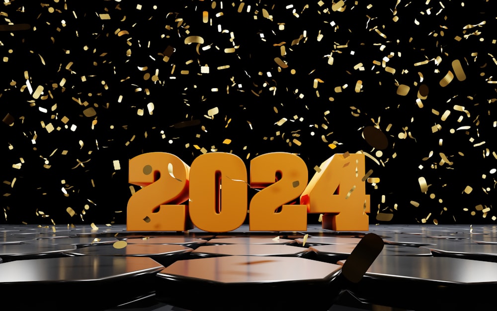 a 3d rendering of the number 2054 surrounded by confetti