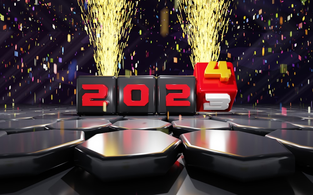 a 3d image of a number of blocks with fireworks in the background