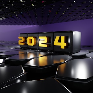A futuristic scene featuring the year 2024 displayed in bold, golden numbers on a sleek, black, digital panel. The scene is set against a dark, glossy surface and a deep purple background, creating a modern and high-tech atmosphere.