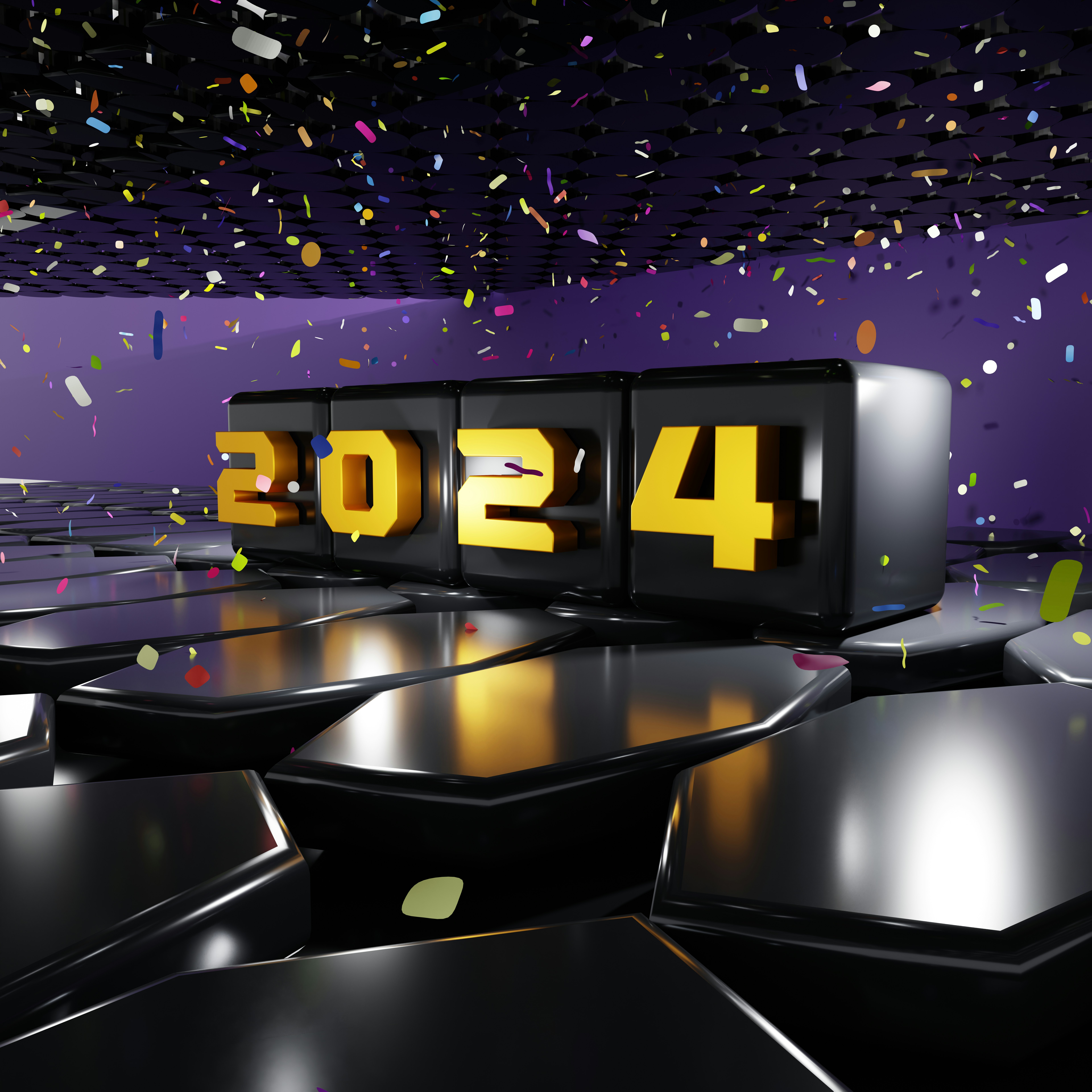 Ein 3D-Rendering der Zahl vierundzwanzig mit Konfetti, das von der Decke fällt