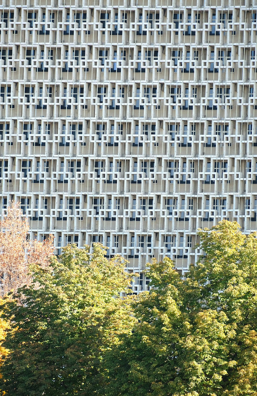 a building with many windows and trees in front of it