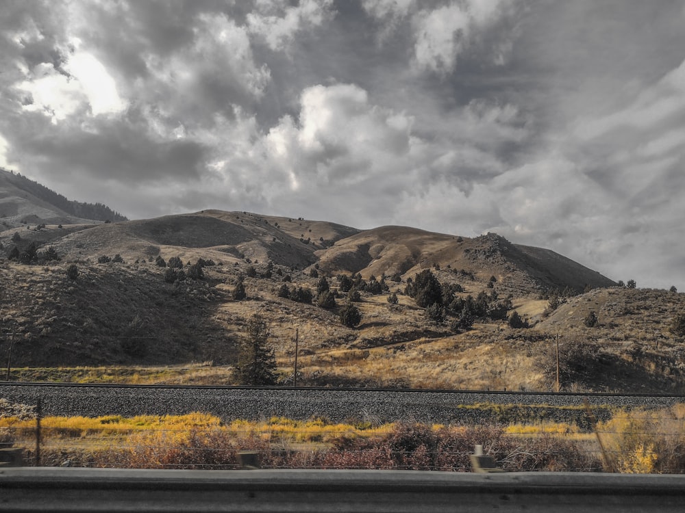 a train traveling through a rural countryside under a cloudy sky