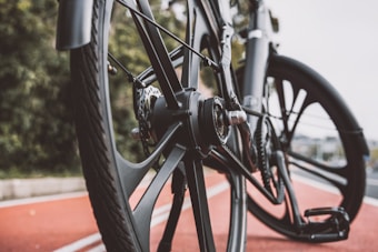 A close-up view of a bicycle's rear wheel and gear system, emphasizing the spokes and metallic components. The image is taken at an angle that highlights the texture and design of the bike against a blurred background of trees and a road.