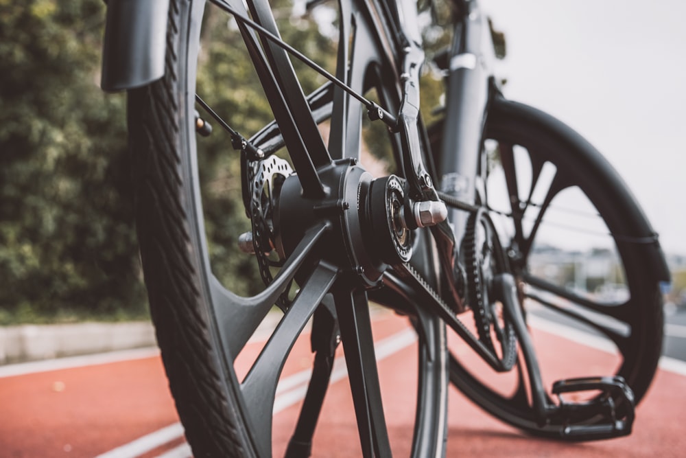 a close up of a bike tire on a road