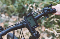 A close-up of a rental bike’s dashboard with a backdrop of palm trees and blue skies.