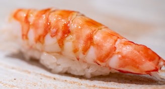 A close-up of a piece of sushi with a plump shrimp topping on a small bed of white rice. The shrimp appears fresh, with a shiny and slightly translucent appearance, showcasing hints of pink, orange, and white tones. The background is softly blurred, highlighting the sushi piece.