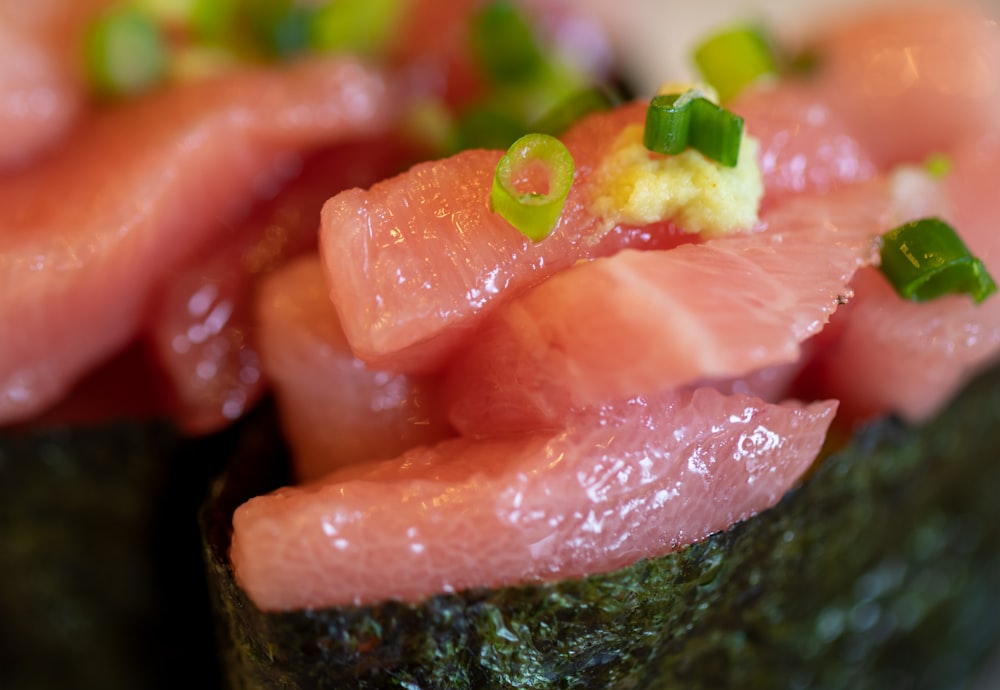 a close up of a sushi dish on a plate