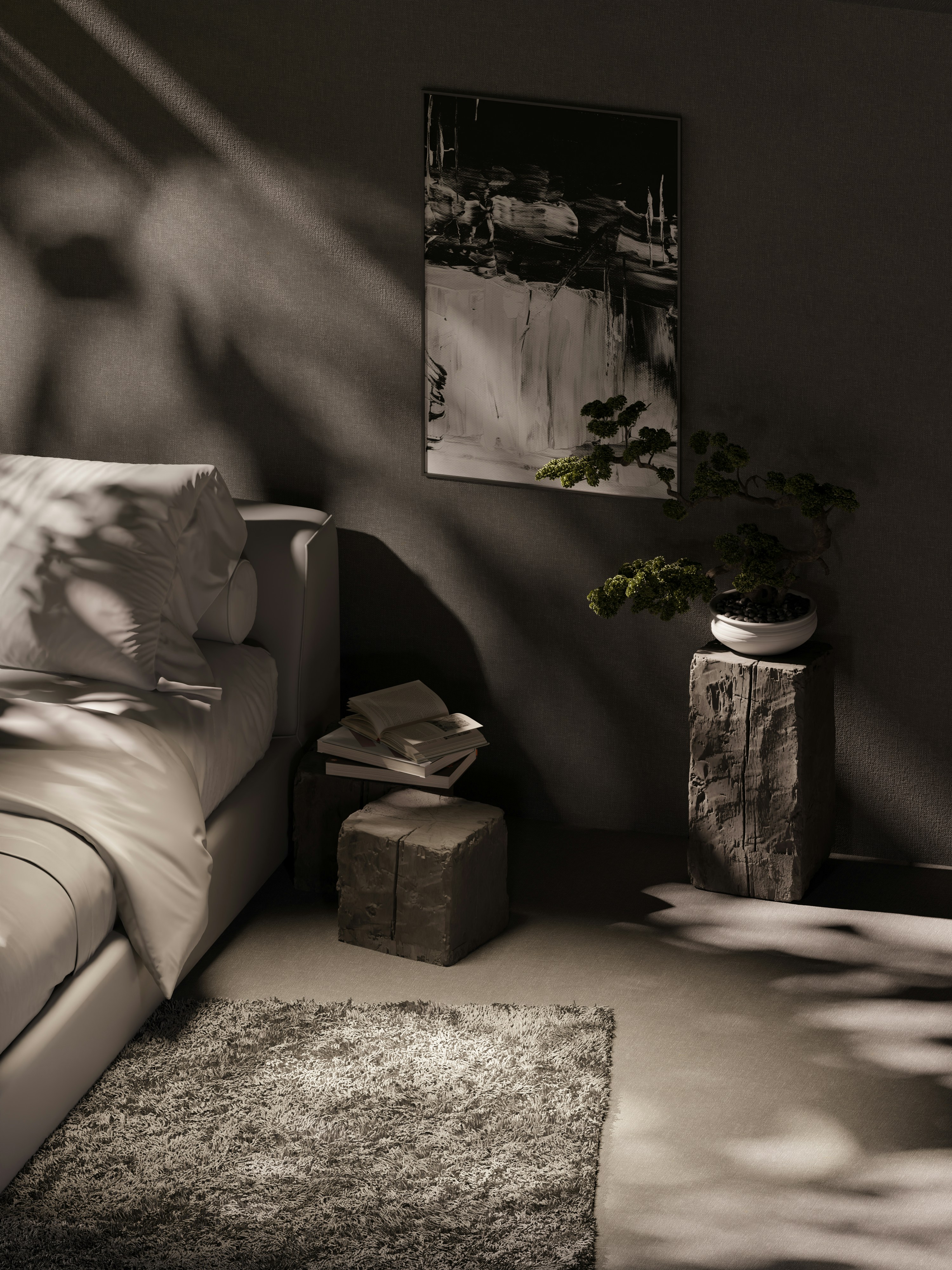 a black and white photo of a living room