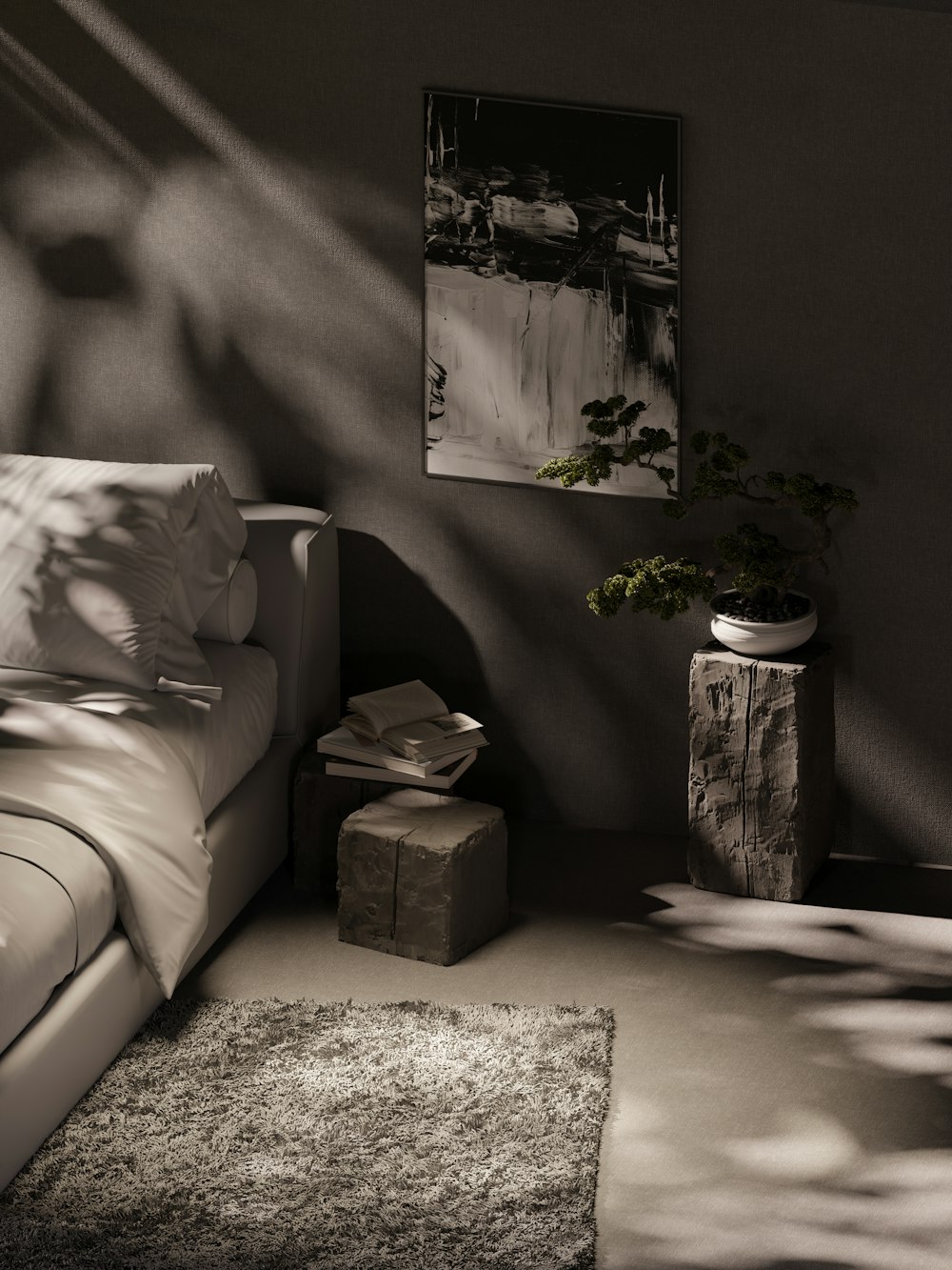 a black and white photo of a living room