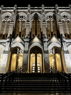 A grand architectural structure with tall, ornate windows and intricate stone carvings. The scene is illuminated by lights, highlighting the contrasting textures between the smooth stone and detailed designs. The perspective view emphasizes the symmetry of the stairs and arches leading to the entrance.