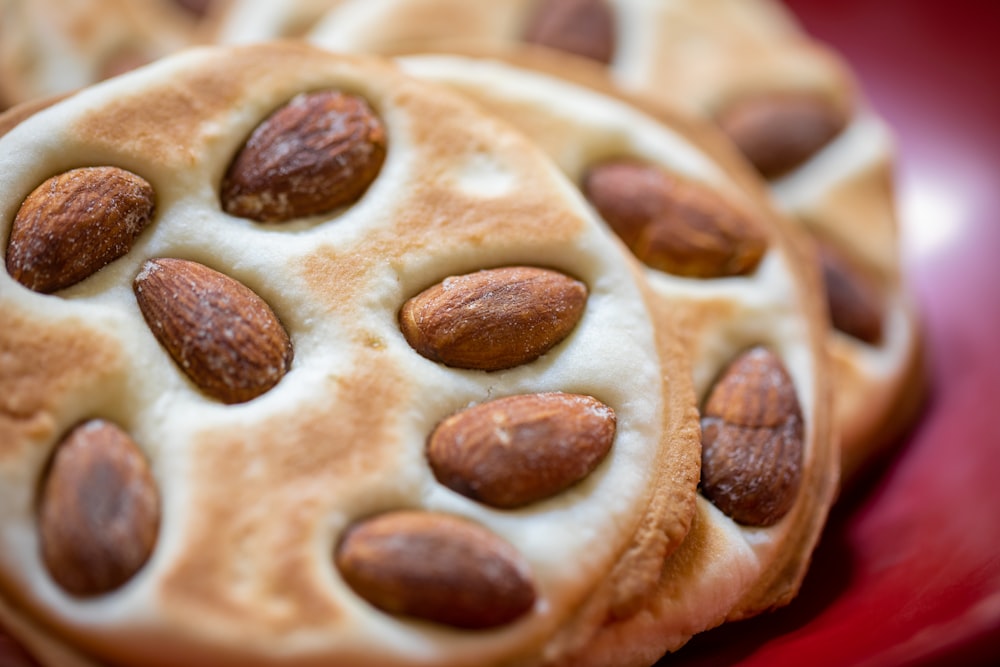 a close up of a pastry with almonds on it