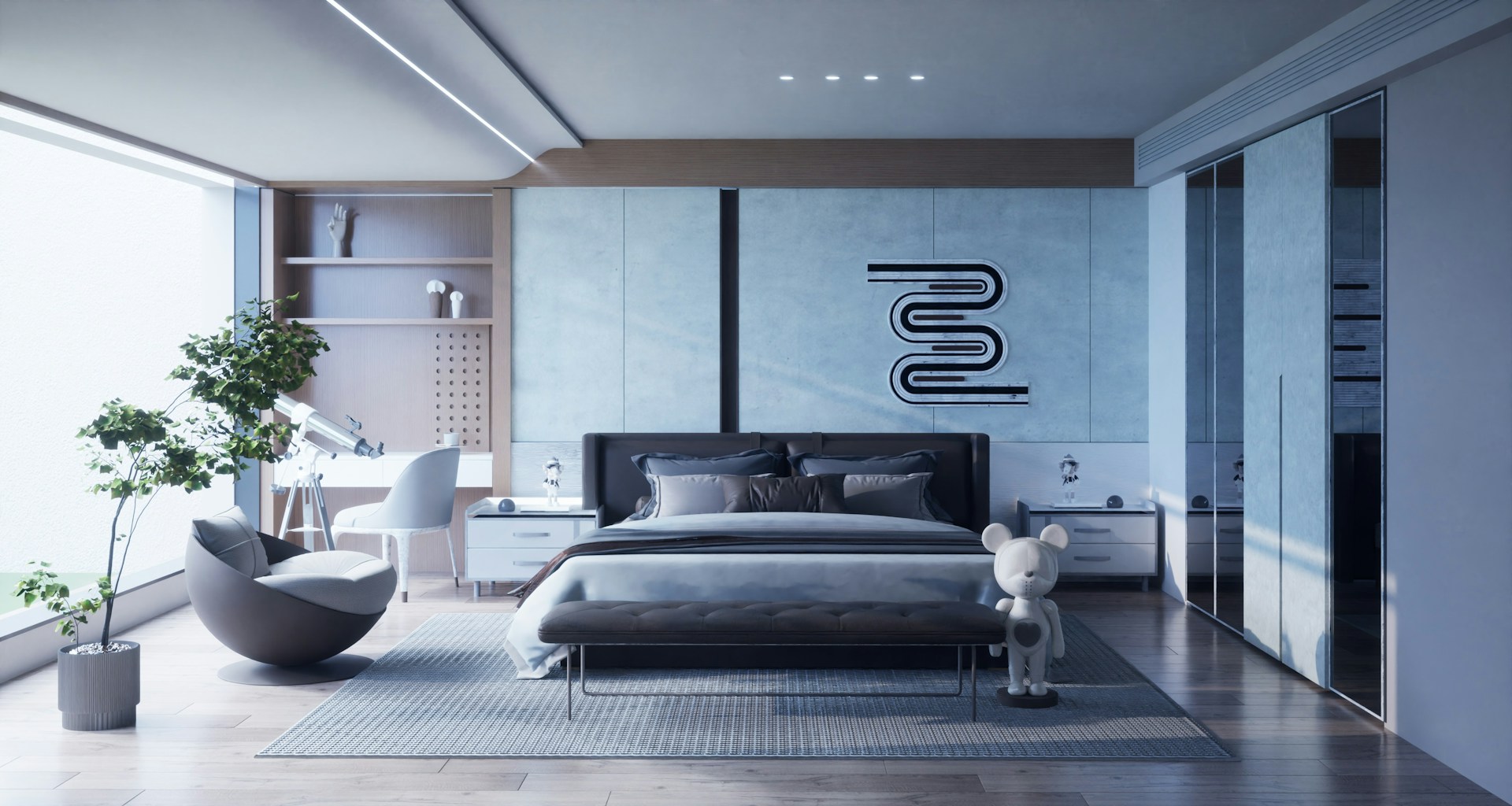 a bedroom with a large bed and a large window