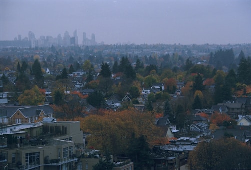 A residential area with a dense collection of houses surrounded by autumn trees in vibrant colors. The background is a skyline of high-rise buildings under an overcast sky, providing a contrast between urban and suburban landscapes.