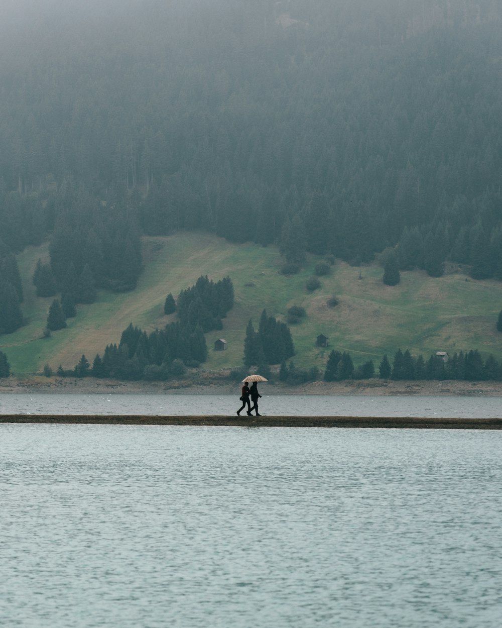 a couple of people walking across a lake under an umbrella