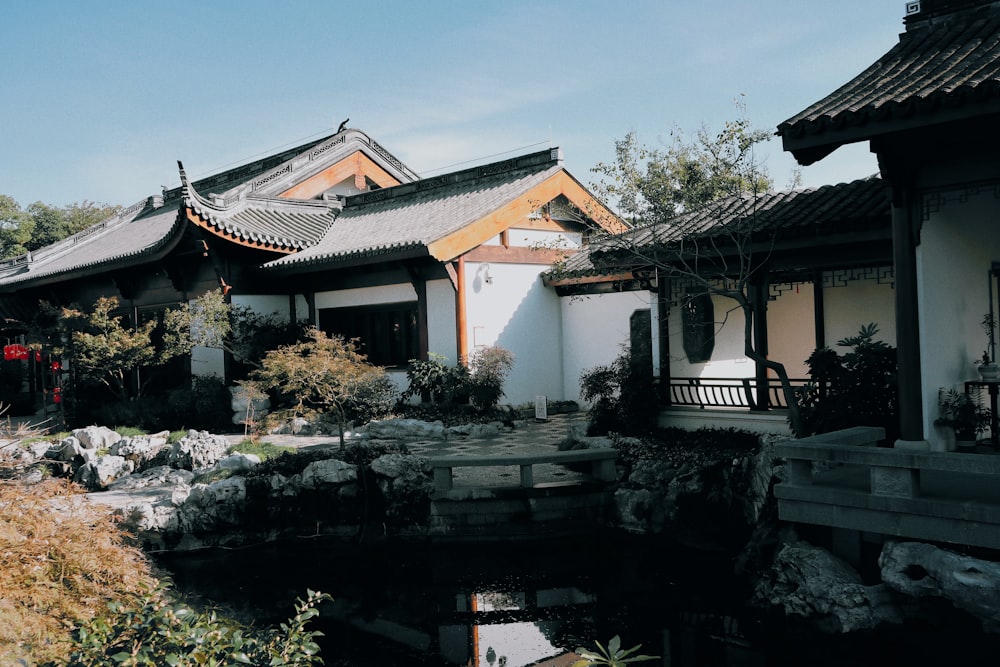 a building with a pond in front of it