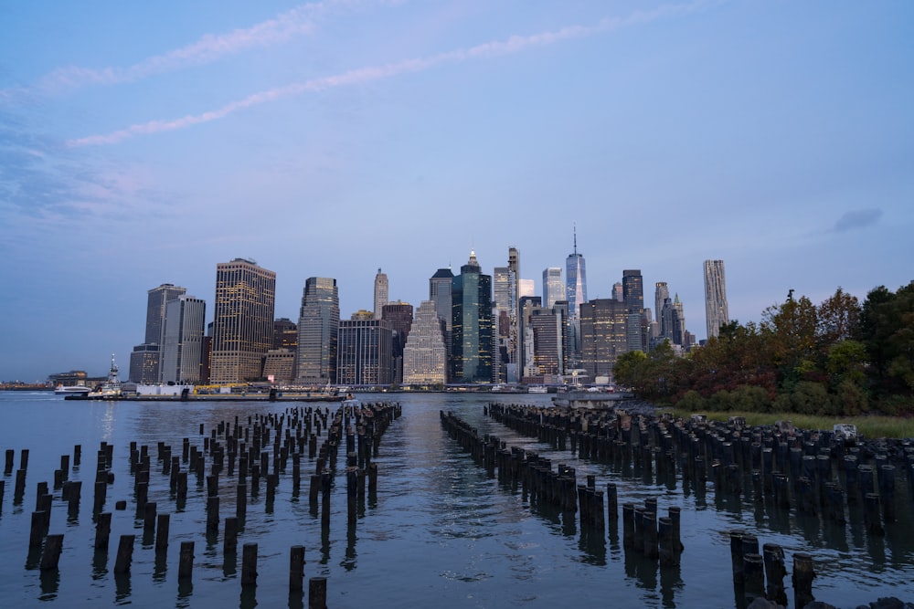 a large body of water with a city in the background