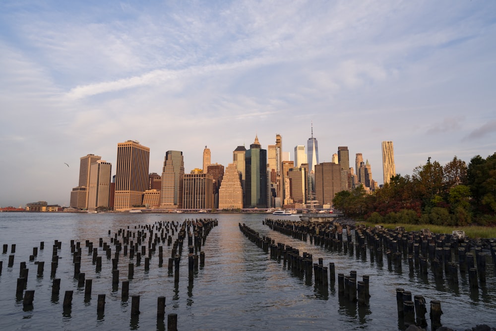 a large body of water with a city in the background