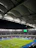 A joyful football fan cheering in a stadium under bright lights.