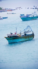 Several fishing boats are anchored in a calm sea, with one large blue and yellow boat prominently in the foreground. Smaller boats are scattered in the background against a soft horizon. The scene suggests a quiet day in a coastal fishing area.