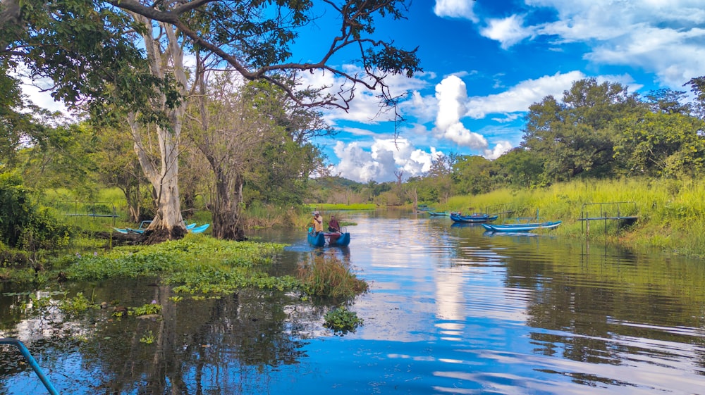 a group of people in canoes paddling down a river