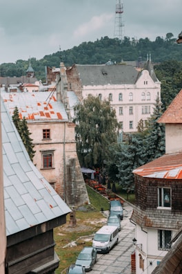A scenic view of a small town with satellite dishes.