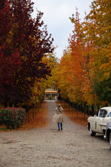 A stylish young woman in a soft beige trench coat walking through a city street with autumn leaves falling around her.