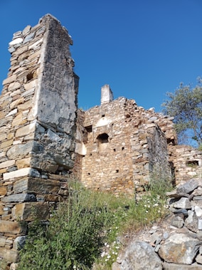 An old stone ruin stands against a clear blue sky, with visible stacked stones and partially collapsed walls. Surrounding the structure, green grass and small wildflowers grow, adding a touch of nature to the scene. A tree is visible on the right, blending into the natural environment.
