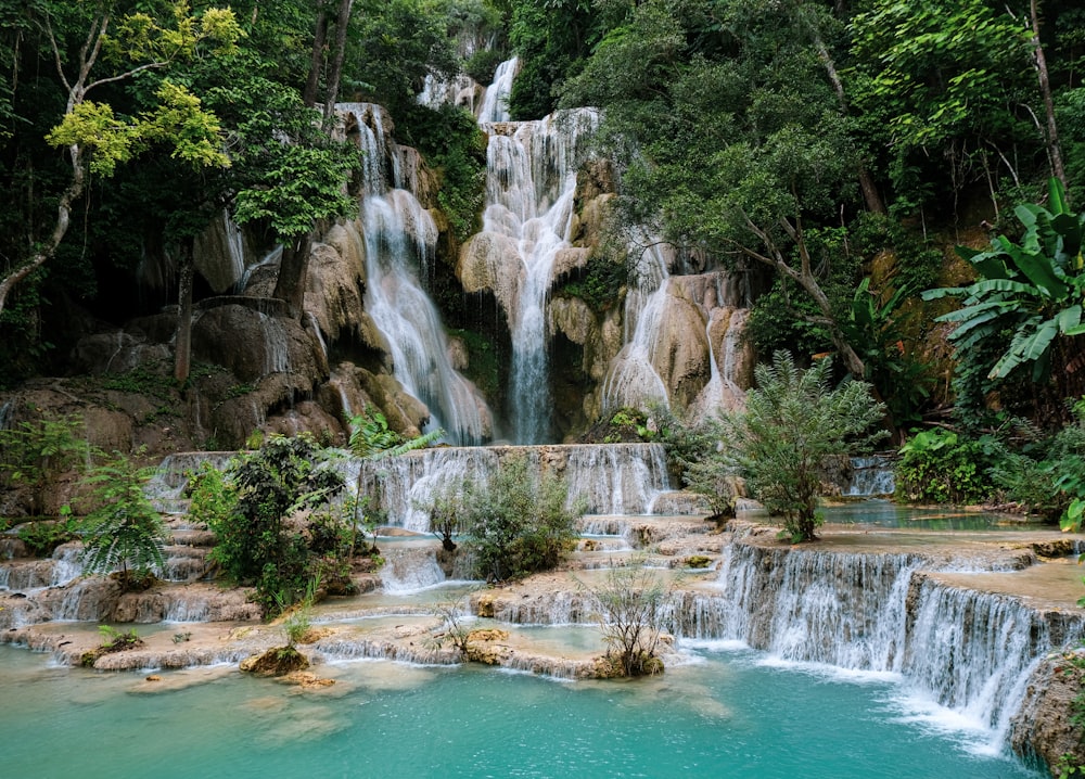 a large waterfall in the middle of a forest