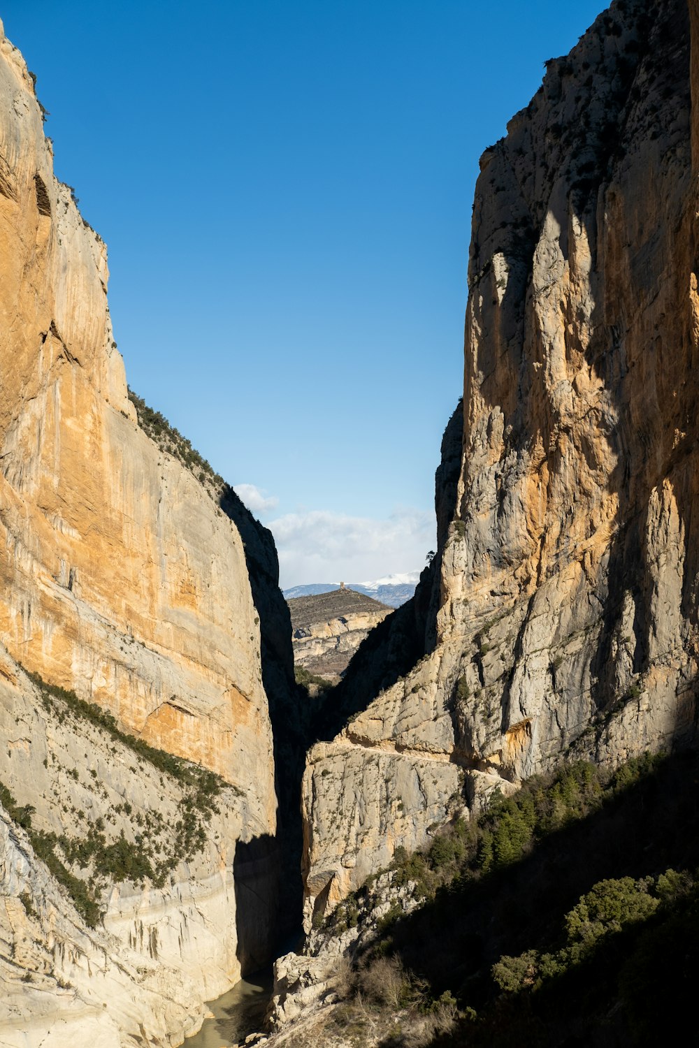 a view of a canyon with a mountain in the background