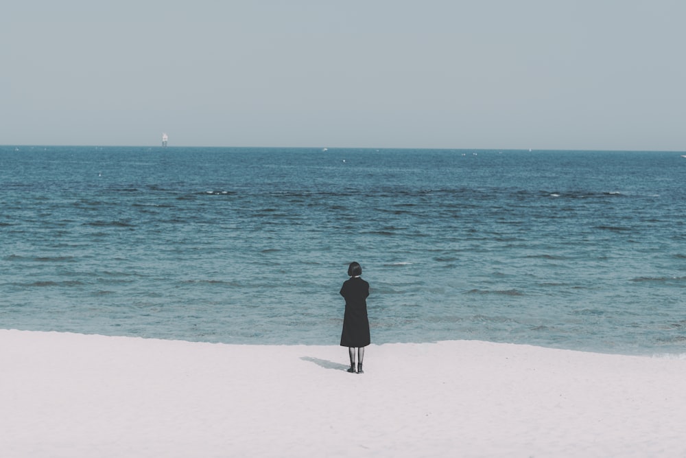 a person standing on a beach near the ocean