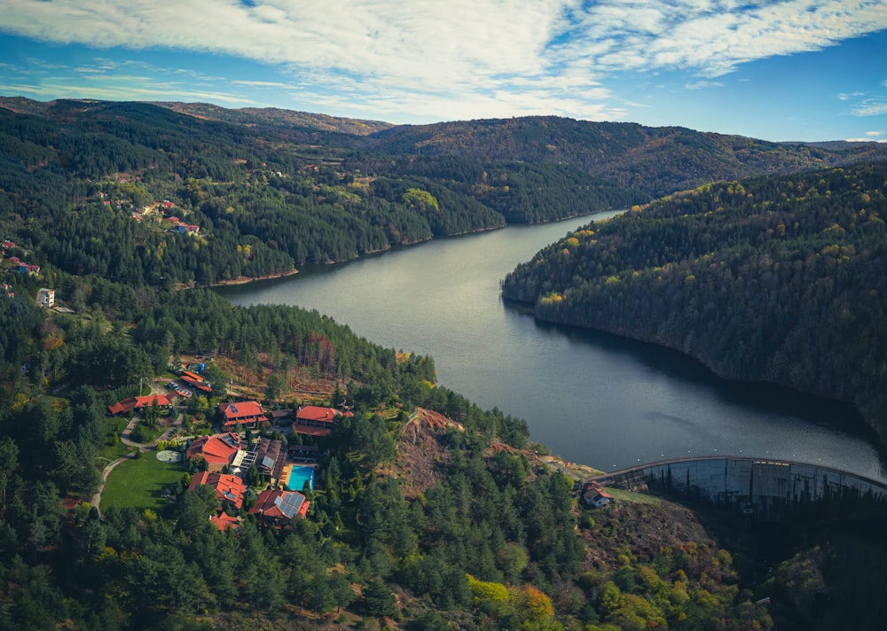 an aerial view of a lake surrounded by trees