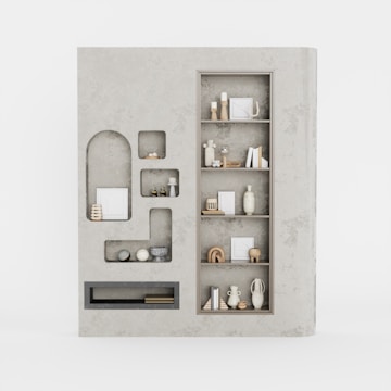 A media wall featuring integrated shelving and hidden compartments.